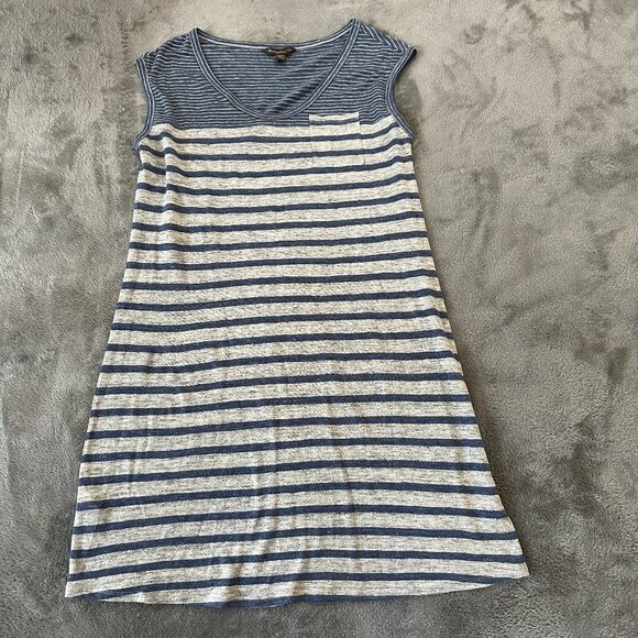 Tommy Bahama 100% Linen Shift Dress MEDIUM Blue Stripe Nautical Cap Sleeve - Picture 1 of 6